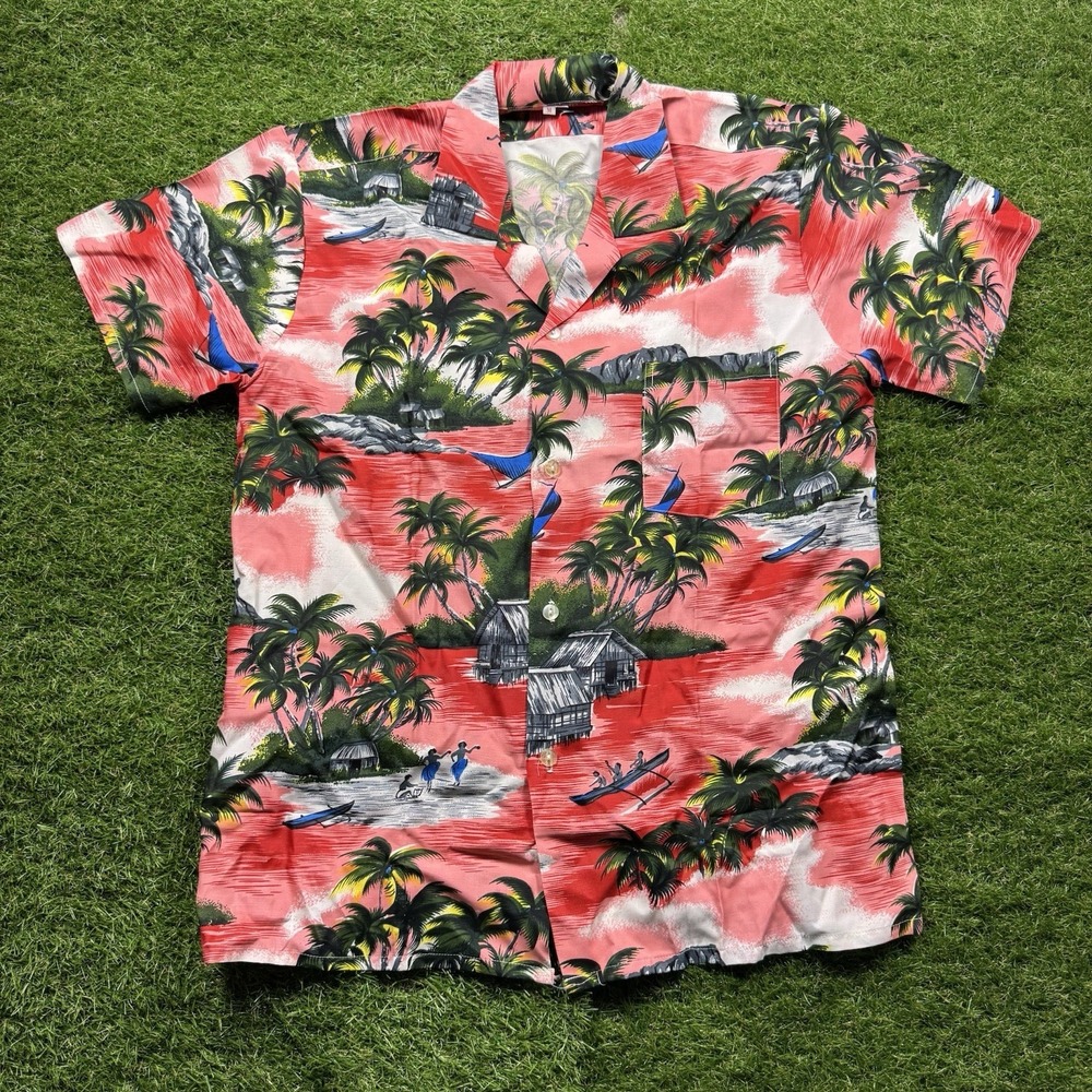 Vintage Hawaiian Shirt Mens Medium Red Luau Dancers Scenic Canoe Palm Japan 80s